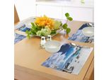 Tovagliette Abakuhaus, Spiaggia Tranquilla Con Vista Sull'oceano, Rocce E Cielo Nuvoloso, Stampa Digitale, Tessuto Lavabile E Resistente Al Lavaggio Per Sala Da Pranzo E Cucina, Blu, Grigio E Bianco