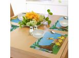 Tovagliette Per Bambini Abakuhaus, Illustrazione Di Una Simpatica Papera E Dei Suoi Anatroccoli In Stile Cartoon Con Alberi E Erba Sulla Riva Del Fiume, Tiscjdeco In Tessuto Resistente Ai Colori Per La Sala Da Pranzo E La Cucina, Multicolore