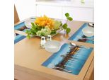Abakuhaus Tovagliette Urbane, Situate Nel Centro Della Città Di Denver Ferril See Colorado Al Mattino - City Park Capital, Tiscjdeco In Tessuto Resistente Al Colore Per La Sala Da Pranzo E La Cucina, Azzurro Arancione Giallo