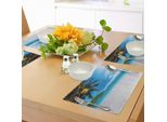 Abakuhaus Tovagliette Tropicali, Spiaggia Esotica Con Sabbia Bianca E Foresta Verde Palma, Cielo Limpido E Nuvole, Tiscjdeco In Tessuto Resistente Al Lavaggio Per La Sala Da Pranzo E La Cucina, Bianco Verde Blu