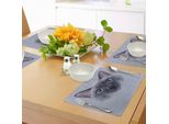 Tovagliette Abakuhaus Con Animali, Ritratto Di Gatto Siamese Thailandese Con Scritta In Stile Retrò, Decorazione Da Tavola In Tessuto Resistente Ai Colori Per La Sala Da Pranzo E La Cucina, Blu Grigio Bianco E