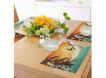 Tovagliette Abakuhaus Grunge, Illustrazione Di Surfisti Su Un'isola Tropicale Tra Le Onde Del Mare E Palme Al Tramonto, Tiscjdeco In Tessuto Resistente Al Lavaggio Per La Sala Da Pranzo E La Cucina, Turchese Arancione Nero