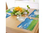 Abakuhaus Tovagliette Paesaggio, Caricatura Paesaggio Nuvole Valle Colline Erba Raggi Di Sole Fiori Stampa Artistica, Tiscjdeco In Tessuto Resistente Al Colore Per Sala Da Pranzo E Cucina, Bianco Verde Blu