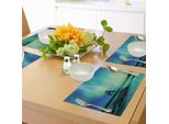 Abakuhaus Tovagliette Nordlicht, Albero Solitario Su Roccia Attraverso Il Fiume Borealis Immagine Della Bellezza Della Terra, Tiscjdeco In Tessuto Resistente Al Colore Per La Sala Da Pranzo E La Cucina, Verde Lime Blu Verde Acqua