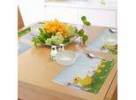 Abakuhaus Tovagliette Con Caricature, Mamma Anatra E Pulcini Che Vanno Nel Prato Fiorito E Cantano, Tiscjdeco In Tessuto Resistente Ai Colori Per La Sala Da Pranzo E La Cucina, Azzurro E Senape
