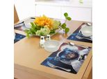 Abakuhaus Tovagliette Raum Katze, Gatto Domestico Nello Spazio Galattico Con Sfondo Mondo E Sole, Tiscjdeco In Tessuto Resistente Al Lavaggio Per Sala Da Pranzo E Cucina, Giallo Chiaro, Bianco E Blu