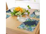 Tovagliette Abakuhaus Marine, Fiori Astratti Fugaci Che Sbocciano Con Foglie Su Sfondo Grunge, Tiscjdeco In Tessuto Resistente Al Lavaggio Per La Sala Da Pranzo E La Cucina, Verde Chiaro, Blu Marino E Bianco