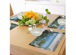 Tovagliette Estive Abakuhaus, Spiaggia Tropicale E Oceano Dietro Una Palma, Immagine Esotica Delle Vacanze Caraibiche, Tiscjdeco In Tessuto Resistente Al Lavaggio Per La Sala Da Pranzo E La Cucina, Verde Felce, Azzurro Cielo, Beige