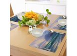 Tovagliette Abakuhaus Natur, Onde Dell'oceano Al Mattino, Cielo Soleggiato Sopra L'orizzonte Nebbioso Delle Montagne, Paesaggio Surreale, Tiscjdeco In Tessuto Resistente Al Lavaggio Per La Sala Da Pranzo E La Cucina, Viola Verde Acqua