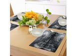 Abakuhaus Tovagliette Paesaggio, Grafica 3D Fantasy Terra Di Notte Cielo Nuvoloso Luna Alberi Riflesso Sull'acqua, Tiscjdeco In Tessuto Resistente Al Lavaggio Per Sala Da Pranzo E Cucina, Bianco Nero Grigio