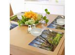 Tovagliette Abakuhaus Natur, Campo Di Fiori Primaverili E Alberi Dreamy Eco Nel Paesaggio Soleggiato Del Cielo Aperto, Tessuto Lavabile E Resistente Allo Scolorimento Per Sala Da Pranzo E Cucina, Giallo Marrone Blu