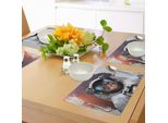 Abakuhaus Tovagliette Space Cat, Sfondo Street Art Con Gatto Cosmonauta Nell'immagine Space Suit, Tiscjdeco In Tessuto Resistente Al Lavaggio Per La Sala Da Pranzo E La Cucina, Arancione, Viola E Bianco