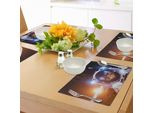 Abakuhaus Tovagliette Spaziali Con Gatti, Gattini Nello Spazio Suit Sun Lunar Eclipse Sopra L'immagine Planet Stars, Tiscjdeco In Tessuto Resistente Ai Colori Per La Sala Da Pranzo E La Cucina, Blu Scuro, Arancione E Bianco