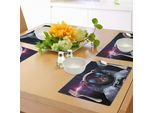Abakuhaus Tovagliette Raum Katze, Kosmonaut Kitty In Galaxy Kosmos Nebel Sterne Con Eclipse Image, Tiscjdeco In Tessuto Resistente Al Lavaggio Per La Sala Da Pranzo E La Cucina, Blu Scuro, Bianco E Nero