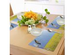 Abakuhaus Tovagliette Gialle E Blu, Cicogna Solitaria Che Vola Nel Cielo Limpido Sopra Un Campo Fiorito In Primavera - Immagine Di Libertà, Decorazione Da Tavola In Tessuto Resistente Ai Colori Per La Sala Da Pranzo E La Cucina, Multicolore