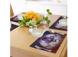 Abakuhaus Tovagliette Raum Katze, Astronaut Cat In Tuta Spaziale Nebulosa Galattica Cosmo Fuoco Immagine, Tiscjdeco In Tessuto Resistente Ai Colori Per La Sala Da Pranzo E La Cucina, Blu Scuro, Viola E Bianco