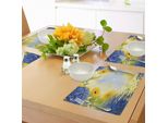 Abakuhaus Tovagliette Gialle E Blu, Romantico Bouquet Di Ortensie E Astri Su Sfondo Acquoso, Sottobicchieri In Tessuto Lavabile Decorazioni Per La Tavola Con Stampa, Marrone Giallo Viola Blu