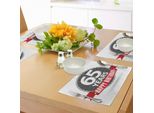 Abakuhaus 65° Compleanno Tovagliette, Classico Emblema Vintage Con Icone Tematiche Dei Sessant'anni, Tiscjdeco In Tessuto Resistente Ai Colori Per La Sala Da Pranzo E La Cucina, Bianco Grigio Rosso