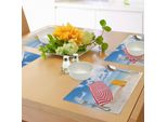 Abakuhaus Tovagliette Gialle E Blu, Windy Sandy Beach Con Ombrellone E Trolley Vacanze Estive Rilassati Immagine, Tiscjdeco In Tessuto Resistente Al Colore Per La Sala Da Pranzo E La Cucina, Multicolore