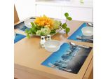 Abakuhaus Tovagliette Paesaggio, Paesaggio Urbano Con Grattacieli, Oceano, Lago, Dettagli Sfocati, Tiscjdeco In Tessuto Resistente Al Colore Per La Sala Da Pranzo E La Cucina, Azzurro, Blu Scuro E Marrone
