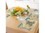 Tovagliette Abakuhaus Tartaruga, Illustrazione Di Due Tartarughe Marine Su Sandy Summer Beach Boat Grass Bottle, Tiscjdeco In Tessuto Resistente Al Lavaggio Per La Sala Da Pranzo E La Cucina, Giallo Chiaro Verde Acqua