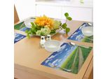 Abakuhaus Tovagliette Gialle E Blu, Strada Di Campagna Su Un Campo Di Semi Di Colza Nella Freschezza Naturale Della Stagione, Tiscjdeco In Tessuto Resistente Al Lavaggio Per La Sala Da Pranzo E La Cucina, Bianco Verde Blu
