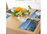 Tovagliette Da Viaggio Abakuhaus, Sedute Lunghe Sulla Terrazza Con Vista Sul Lago, Tema Vacanze Estive, Stampa Artistica, Tiscjdeco In Tessuto Resistente Al Lavaggio Per La Sala Da Pranzo E La Cucina, Bianco, Verde E Blu