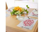 Abakuhaus Tovagliette "Vivi, Ridi, Ama"", Stile Retrò, Calligrafia, Timbri Vintage, Design Con Cuori Rossi E Stelle, Tiscjdeco In Tessuto Resistente Al Lavaggio Per Sala Da Pranzo E Cucina, Cocco Rosso"