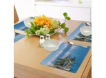 Abakuhaus Tovagliette Paesaggistiche, Acqua Blu Del Lago Tahoe Montagne Innevate Pini Rocce Rilassanti Riva, Tiscjdeco In Tessuto Resistente Ai Colori Per La Sala Da Pranzo E La Cucina, Azzurro Verde Grigio