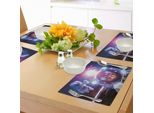 Abakuhaus Tovagliette Spaziali Con Gatti, Astronauti Nella Nebulosa Galaxy Con Eclissi Nel Pianeta Saturno, Tiscjdeco In Tessuto Resistente Ai Colori Per La Sala Da Pranzo E La Cucina, Blu Scuro, Lilla E Bianco
