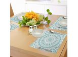 Tovagliette Abakuhaus Aqua, Mandala Tribale Dal Design Etnico Tie Dye Con Foglie Floreali, Stampa Artistica, Tiscjdeco In Tessuto Resistente Al Lavaggio Per La Sala Da Pranzo E La Cucina, Verde Mare E Bianco.