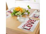 Abakuhaus Tovagliette "Vivi, Ridi, Ama"", Assemblaggio Tipografico Con Parole E Stampa Macro Petali Di Rosa, Tiscjdeco In Tessuto Resistente Al Lavaggio Per Sala Da Pranzo E Cucina, Bianco, Nero E Rosso"