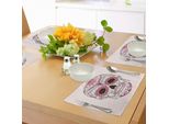 Tovagliette Abakuhaus Con Teschi Di Zucchero, Ornamenti Messicani Ispirati Alla Calavera Catrina, Arte Macabra Folcloristica, Tiscjdeco In Tessuto Resistente Al Lavaggio Per La Sala Da Pranzo E La Cucina, Rosa Chiaro, Bianco, Rosa