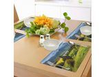 Abakuhaus Tovagliette Paesaggistiche, Mattina D'estate Sul Lago Bohinj Nel Parco Nazionale Sloveno-Verde-Natura, Tiscjdeco In Tessuto Resistente Ai Colori Per La Sala Da Pranzo E La Cucina, Giallo Verde Blu