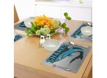 Tovagliette Abakuhaus Hai, Illustrazione Di Creature Marine Aggressive, Pinne Di Pesci Pericolosi, Mostri Marini, Vita Marina, Tiscjdeco In Tessuto Resistente Al Colore Per La Sala Da Pranzo E La Cucina, Blu Petrolio, Nero, Grigio