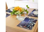 Abakuhaus Tovagliette Urbane, Centro Città Di Hong Kong Vista Urbana Notturna Grattacieli Moderni Quartiere Commerciale, Tiscjdeco In Tessuto Resistente Ai Colori Per La Sala Da Pranzo E La Cucina, Multicolore