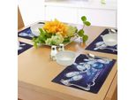 Abakuhaus Tovagliette Da Bowling, Pallina Vibrante Dal Design Fantasioso E Matite Sparse Con Luna Crescente, Tiscjdeco In Tessuto Resistente Al Lavaggio Per La Sala Da Pranzo E La Cucina, Indaco Bianco Blu