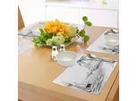 Abakuhaus Tovagliette Bianche E Nere, Spiaggia Con Palme, Barche E Colline, Vacanze Esotiche, Tiscjdeco In Tessuto Resistente Ai Colori Per La Sala Da Pranzo E La Cucina, Bianco E Nero