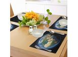 Tovagliette Abakuhaus, Terra Chiara Con Nuvole Volumetriche Blu E Verde Mare, Tema Scientifico, Tiscjdeco In Tessuto Resistente Al Lavaggio Per Sala Da Pranzo E Cucina, Marrone Sabbia, Verde, Blu