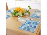 Tovagliette Abakuhaus Acquerellate, Motivo Geometrico Astratto Marocchino A Traliccio Che Curva Il Disegno A Mosaico Persiano, Tiscjdeco In Tessuto Resistente Al Colore Per La Sala Da Pranzo E La Cucina, Azzurro