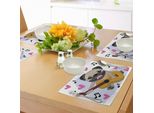 Tovagliette Abakuhaus Con Motivo Carlino, Carlino Che Suona La Chitarra Con Simpatici Cuori Rosa E Divertenti Caricature Di Animali, Tiscjdeco In Tessuto Resistente Al Lavaggio Per La Sala Da Pranzo E La Cucina, Marrone Chiaro, Nero, Rosa
