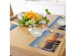 Abakuhaus Tovagliette Urbane, Tranquillo Tramonto A Midtown Manhattan Stati Uniti Nyc Waterfront America, Tiscjdeco In Tessuto Resistente Al Colore Per La Sala Da Pranzo E La Cucina, Azzurro Pesca Abbronzato