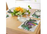 Tovagliette Abakuhaus Con Animali Indolenti, Animali Della Giungla Indolenti Che Sputano Arcobaleni Di Colori Su Foglie Di Banano, Sfondo Allegro, Decorazioni Da Tavola In Tessuto Resistente Al Lavaggio Per La Sala Da Pranzo E La Cucina, Multicolore