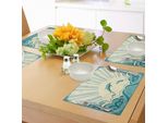 Tovagliette Abakuhaus Con Motivi A Delfini, Ispirazioni Nautiche Con Delfini, Sole Nascente E Onde Marine Vorticose, Tiscjdeco In Tessuto Resistente Al Lavaggio Per La Sala Da Pranzo E La Cucina, Giallo Chiaro Verde Acqua