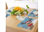 Abakuhaus Tovagliette Natalizie, Renna Rudolph Dal Naso Rosso E Babbo Natale Con Cappello Snowy Forest, Tiscjdeco In Tessuto Resistente Ai Colori Per La Sala Da Pranzo E La Cucina, Marrone Chiaro, Azzurro, Rosso