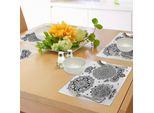Tovagliette Abakuhaus Henna, Elementi Decorativi Ispirati All'arte Dell'asia Meridionale, Stile Floreale E Geometrico Ornamentale, Tiscjdeco In Tessuto Resistente Al Lavaggio Per La Sala Da Pranzo E La Cucina, Bianco E Nero