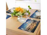 Abakuhaus Cavalca L'onda Tovagliette, Surfista Che Corre Verso L'orizzonte Con Cielo Nuvoloso - Immagine Dal Fascino Costiero, Tiscjdeco In Tessuto Resistente Ai Colori Per La Sala Da Pranzo E La Cucina, Blu Violetto Seppia