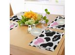 Tovagliette Abakuhaus Con Stampa Mucca, Motivo Mimetico In Bianco E Nero Con Grazioso Cuore Rosa Moo, Decorazione Da Tavola In Tessuto Resistente Al Lavaggio Per Sala Da Pranzo E Cucina, Bianco, Nero, Rosa