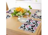 Tovagliette Con Stampa Mucca Abakuhaus, Lovely Cow Hide Con Graziosi Cuori Moo Barnyard Love Abstract Design, Tiscjdeco In Tessuto Resistente Al Lavaggio Per La Sala Da Pranzo E La Cucina, Rosa Chiaro Bianco Nero