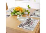 Tovagliette Abakuhaus Mops, Simpatico Cagnolino Con Papillon Rosa E Occhiali Oversize Disegnato A Mano, Tiscjdeco In Tessuto Resistente Ai Colori Per La Sala Da Pranzo E La Cucina, Rosa Chiaro Bianco Marrone